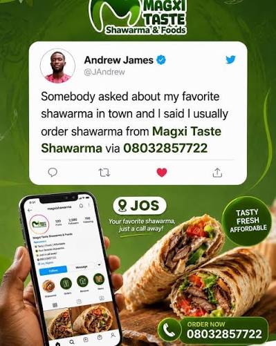 A customer's tweet recommending Magxi Taste Shawarma, on a Magxi flyer
