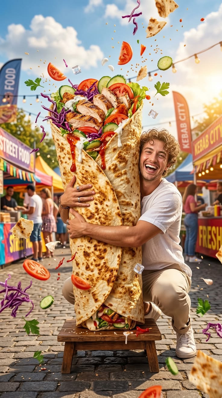 A customer holding an oversized Magxi shawarma at a street food stand
